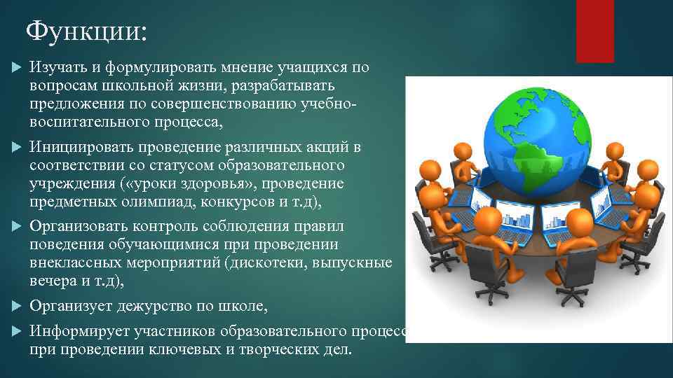 Функции: Изучать и формулировать мнение учащихся по вопросам школьной жизни, разрабатывать предложения по совершенствованию