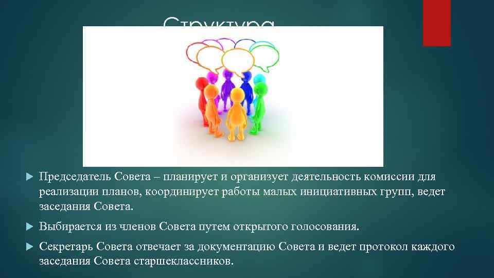 Структура Председатель Совета – планирует и организует деятельность комиссии для реализации планов, координирует работы