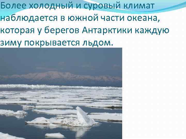 Более холодный и суровый климат наблюдается в южной части океана, которая у берегов Антарктики