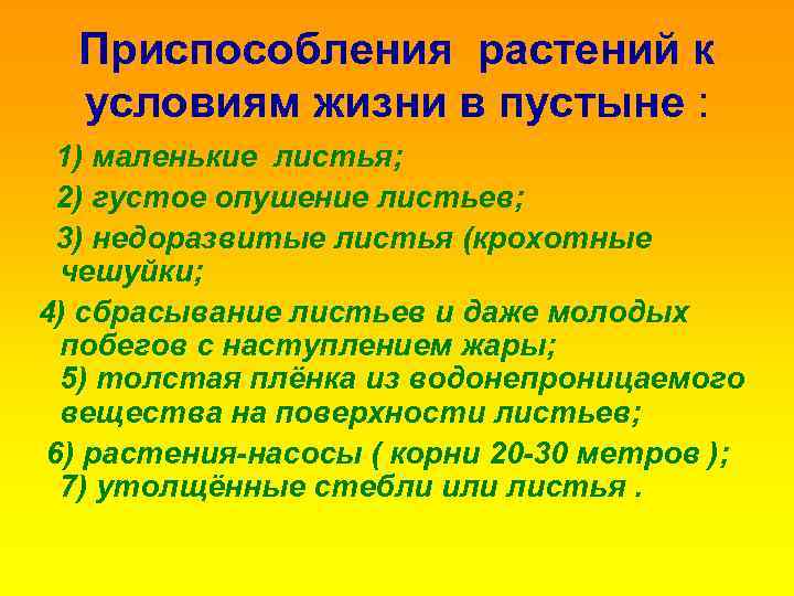 Приспособления растений к условиям жизни в пустыне : 1) маленькие листья; 2) густое опушение