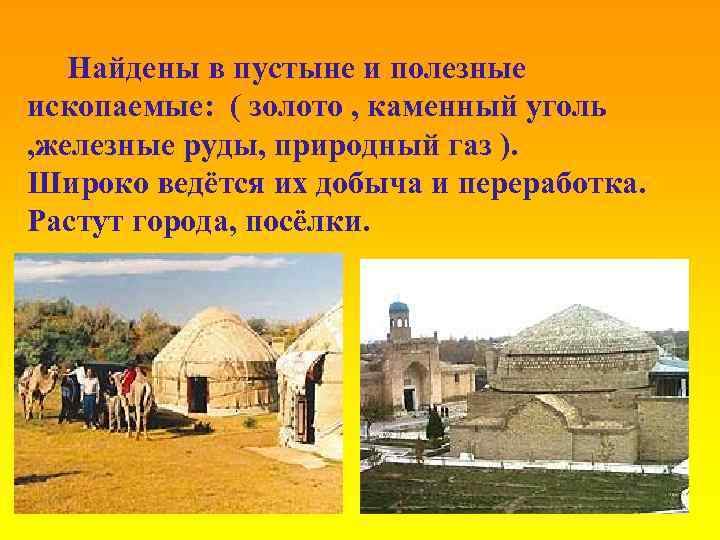 Найдены в пустыне и полезные ископаемые: ( золото , каменный уголь , железные руды,