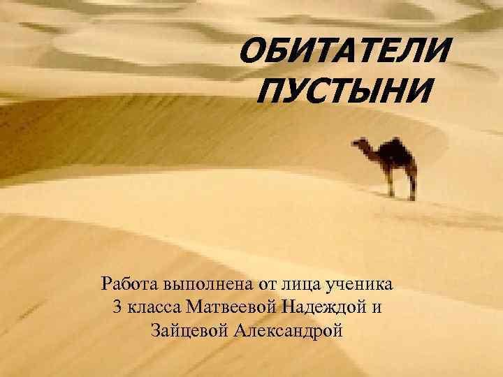 ОБИТАТЕЛИ ПУСТЫНИ Работа выполнена от лица ученика 3 класса Матвеевой Надеждой и Зайцевой Александрой