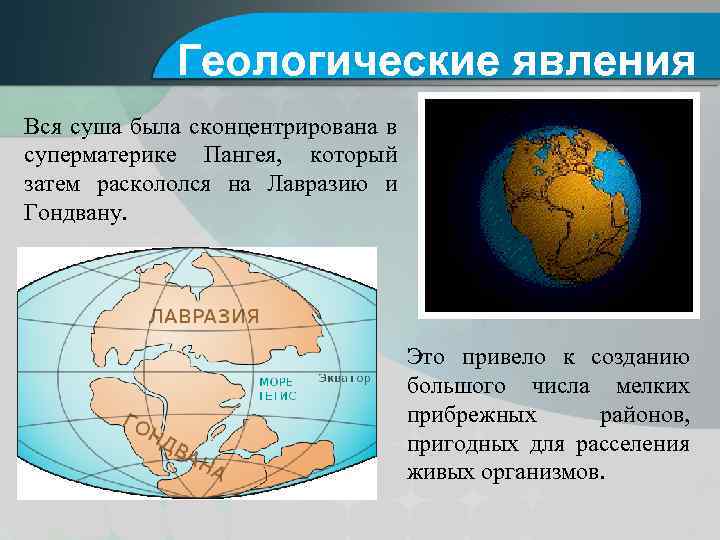 Геологические явления Вся суша была сконцентрирована в суперматерике Пангея, который затем раскололся на Лавразию