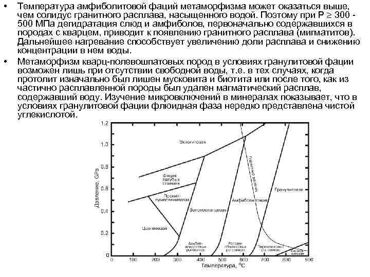  • • Температура амфиболитовой фаций метаморфизма может оказаться выше, чем солидус гранитного расплава,