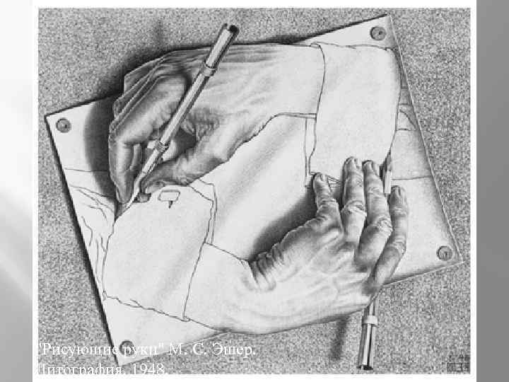 "Рисующие руки" М. C. Эшер. Литография, 1948. 