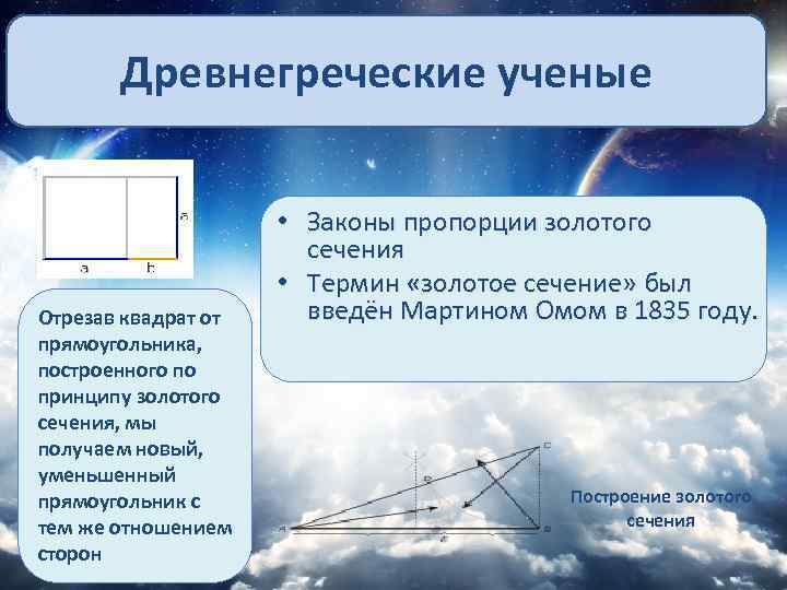 Древнегреческие ученые Отрезав квадрат от прямоугольника, построенного по принципу золотого сечения, мы получаем новый,