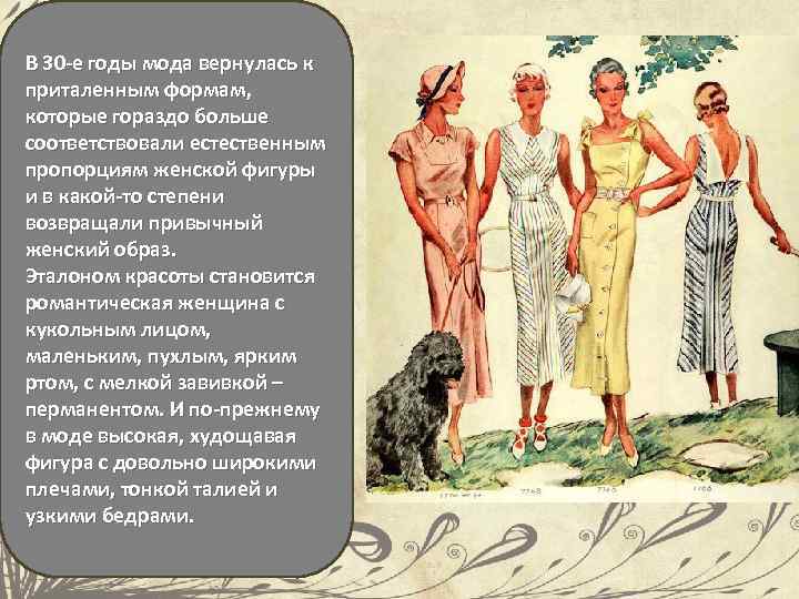 В 30 -е годы мода вернулась к приталенным формам, которые гораздо больше соответствовали естественным