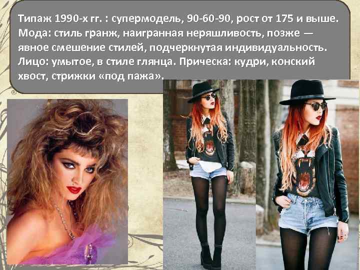 Типаж 1990 -х гг. : супермодель, 90 -60 -90, рост от 175 и выше.
