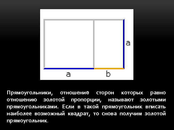 Прямоугольники, отношение сторон которых равно отношению золотой пропорции, называют золотыми прямоугольниками. Если в такой