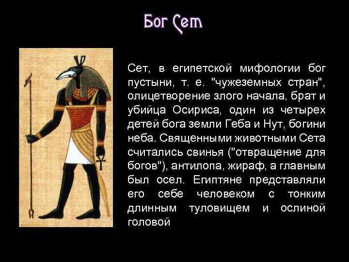 Сет, в египетской мифологии бог пустыни, т. е. "чужеземных стран", олицетворение злого начала, брат