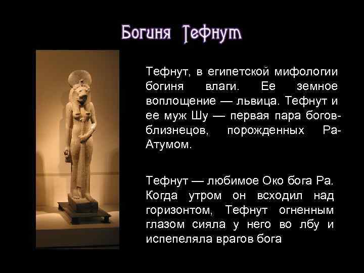 Тефнут, в египетской мифологии богиня влаги. Ее земное воплощение — львица. Тефнут и ее