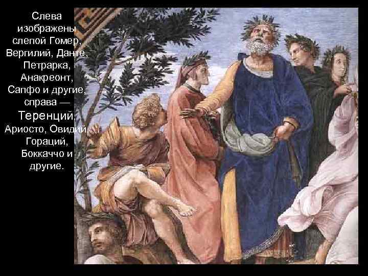 Слева изображены слепой Гомер, Вергилий, Данте, Петрарка, Анакреонт, Сапфо и другие, справа — Теренций,