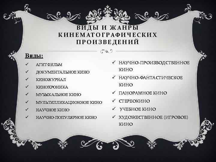 ВИДЫ И ЖАНРЫ КИНЕМАТОГРАФИЧЕСКИХ ПРОИЗВЕДЕНИЙ Виды: ü НАУЧНО-ПРОИЗВОДСТВЕННОЕ ü АГИТФИЛЬМ ü ДОКУМЕНТАЛЬНОЕ КИНО ü