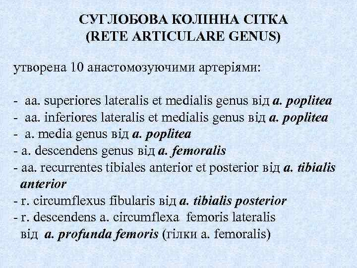 СУГЛОБОВА КОЛІННА СІТКА (RETE ARTICULARE GENUS) утворена 10 анастомозуючими артеріями: - aa. superiores lateralis