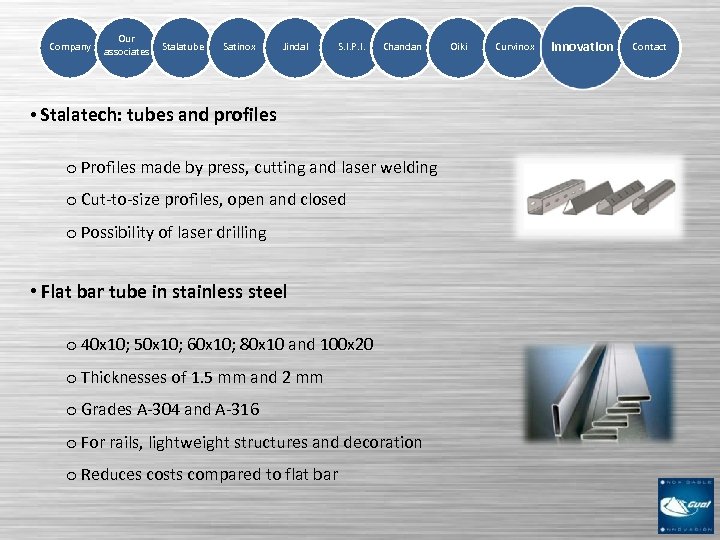 Company Our associates Stalatube Satinox Jindal S. I. P. I. Chandan • Stalatech: tubes