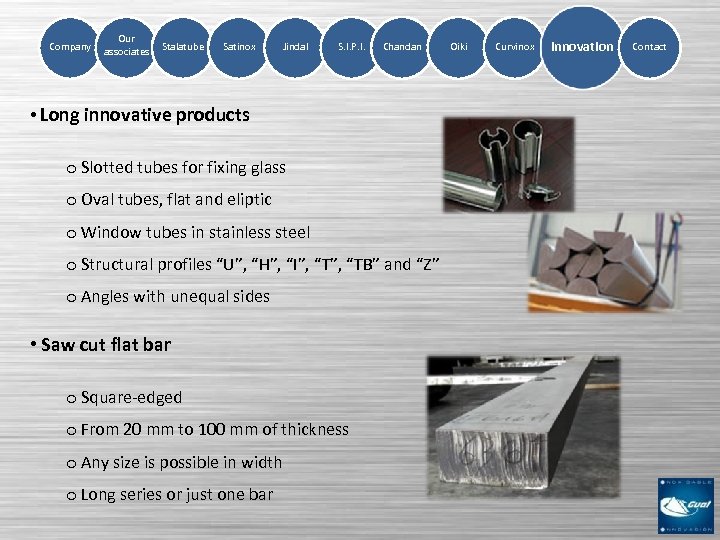 Company Our associates Stalatube Satinox Jindal S. I. P. I. Chandan • Long innovative