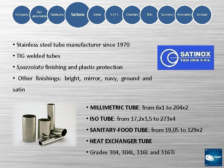 Company Our associates Stalatube Satinox Jindal S. I. P. I. Chandan Oiki Curvinox Innovation