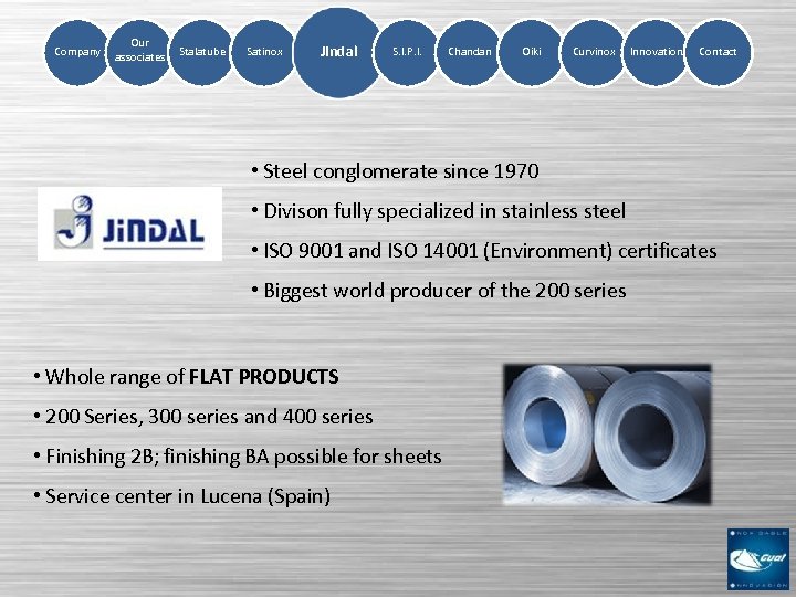 Company Our associates Stalatube Satinox Jindal S. I. P. I. Chandan Oiki Curvinox Innovation