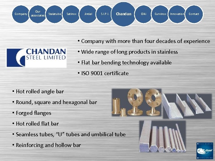 Company Our associates Stalatube Satinox Jindal S. I. P. I. Chandan Oiki Curvinox Innovation