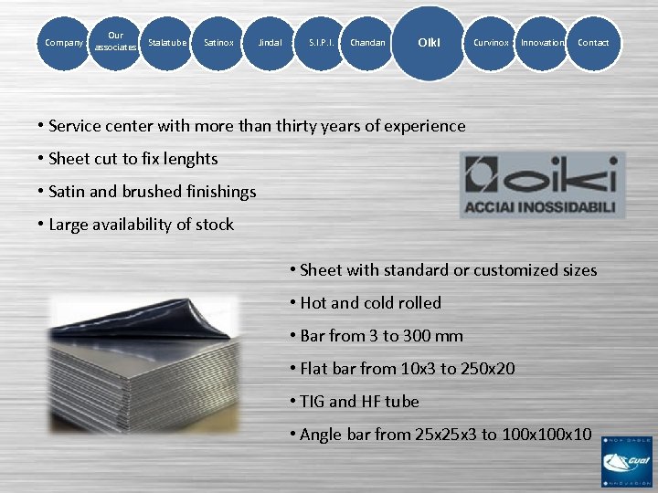 Company Our associates Stalatube Satinox Jindal S. I. P. I. Chandan Oiki Curvinox Innovation