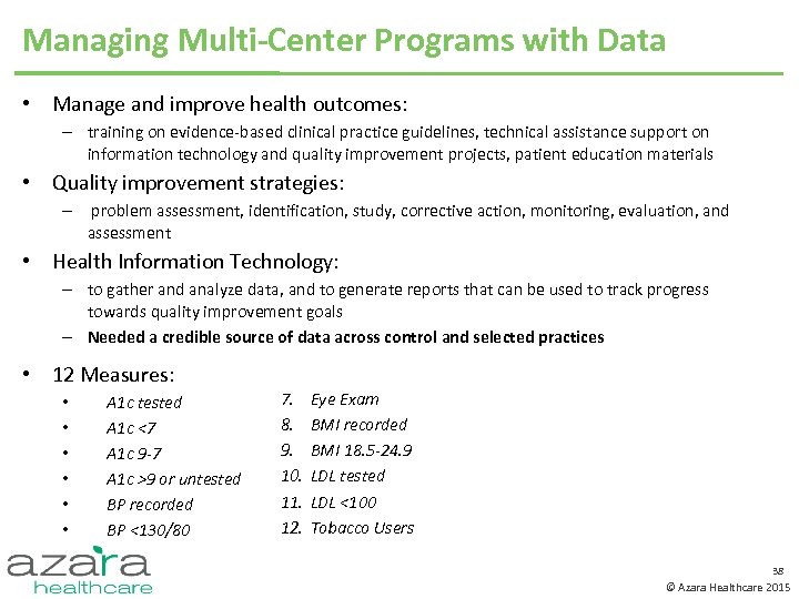 Managing Multi-Center Programs with Data • Manage and improve health outcomes: – training on