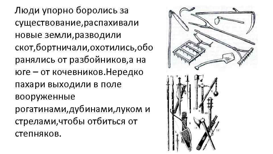 Люди упорно боролись за существование, распахивали новые земли, разводили скот, бортничали, охотились, обо ранялись