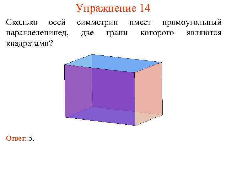 Упражнение 14 Сколько осей симметрии имеет прямоугольный параллелепипед, две грани которого являются квадратами? Ответ: