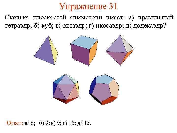 Упражнение 31 Сколько плоскостей симметрии имеет: а) правильный тетраэдр; б) куб; в) октаэдр; г)
