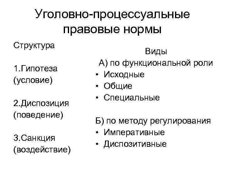 Уголовно-процессуальные правовые нормы Структура 1. Гипотеза (условие) 2. Диспозиция (поведение) 3. Санкция (воздействие) Виды