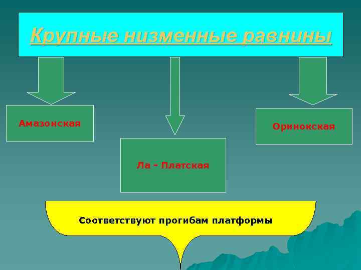 Крупные низменные равнины Амазонская Оринокская Ла - Платская Соответствуют прогибам платформы 