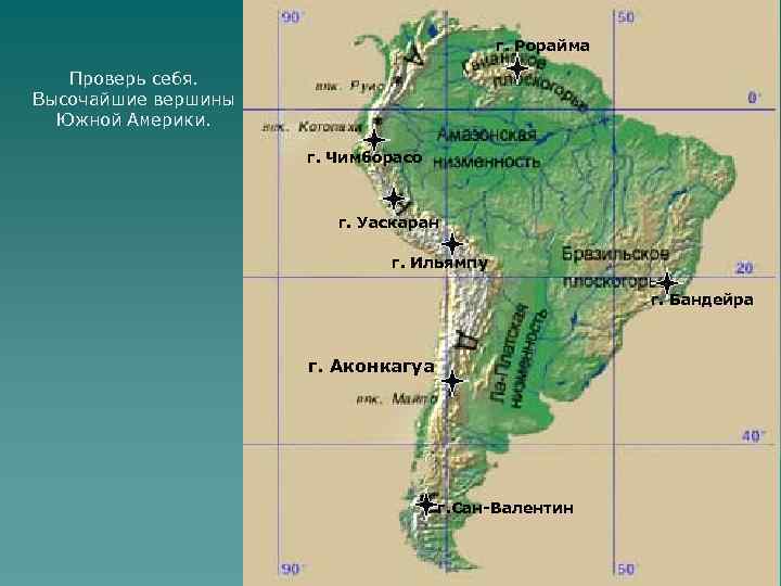 г. Рорайма Проверь себя. Высочайшие вершины Южной Америки. г. Чимборасо г. Уаскаран г. Ильямпу