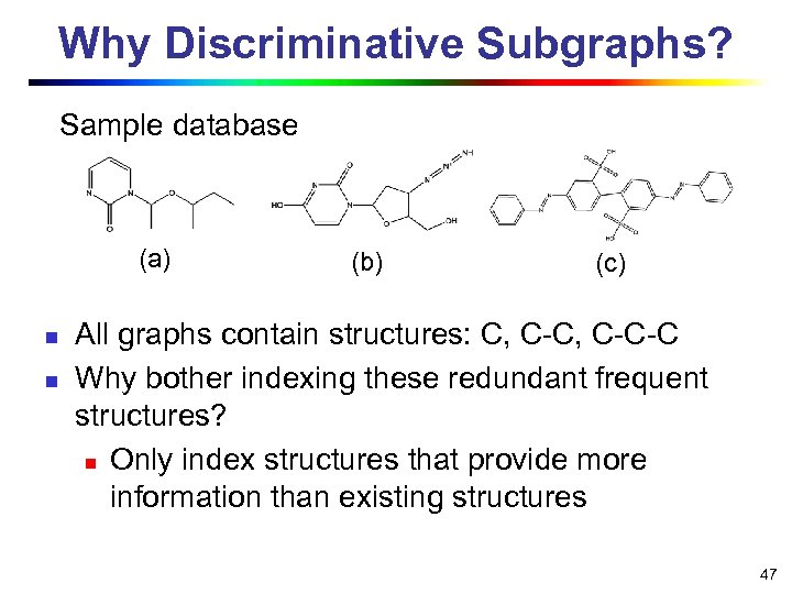 Why Discriminative Subgraphs? Sample database (a) n n (b) (c) All graphs contain structures: