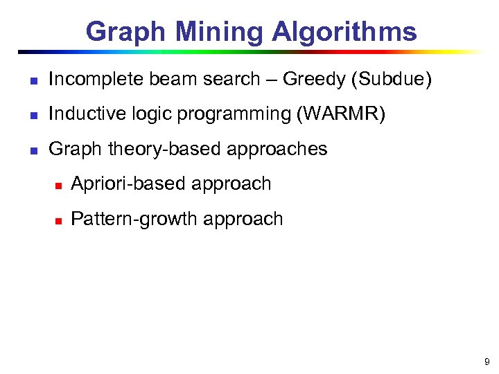 Graph Mining Algorithms n Incomplete beam search – Greedy (Subdue) n Inductive logic programming