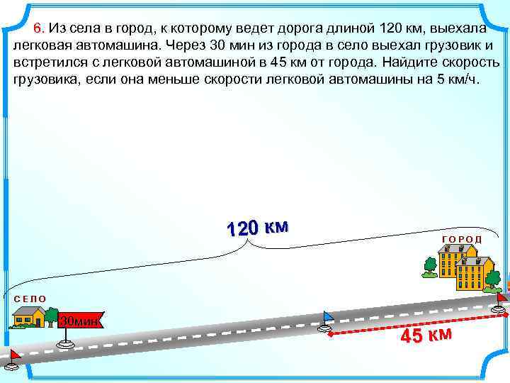 6. Из села в город, к которому ведет дорога длиной 120 км, выехала легковая