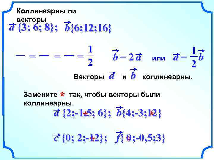 Коллинеарны ли векторы a {3 ; 6; 8 }; b{6; 12; 16} 1 =