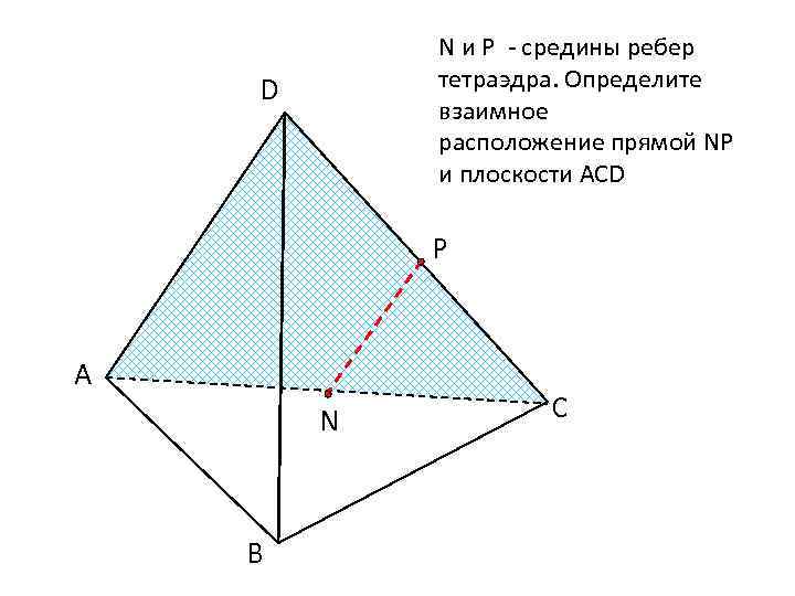 N и Р - средины ребер тетраэдра. Определите взаимное расположение прямой NР и плоскости