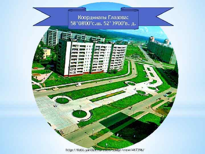Координаты Глазова: 58° 08′ 00″с. ш. 52° 39′ 00″в. д. 