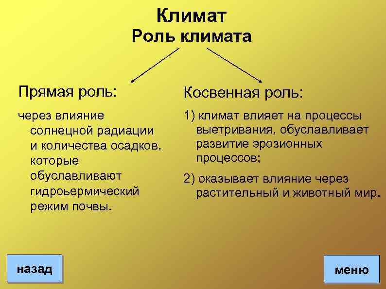 Климат Роль климата Прямая роль: Косвенная роль: через влияние солнецной радиации и количества осадков,
