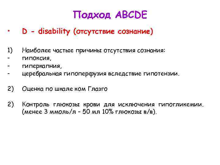 Подход ABCDE • D - disability (отсутствие сознание) 1) - Наиболее частые причины отсутствия
