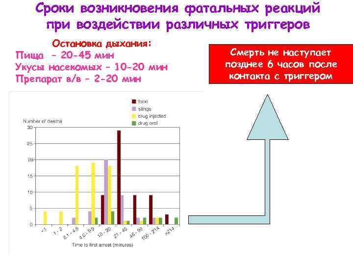 Сроки возникновения фатальных реакций при воздействии различных триггеров Остановка дыхания: Пища – 20 -45