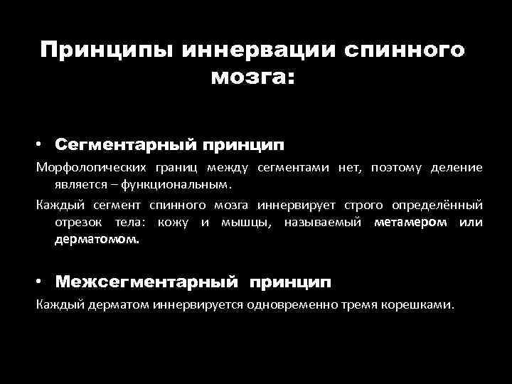 Принципы иннервации спинного мозга: • Сегментарный принцип Морфологических границ между сегментами нет, поэтому деление