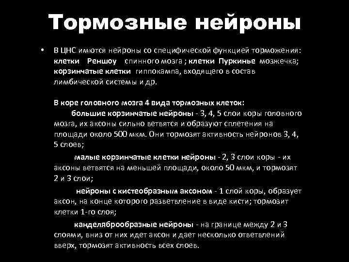 Тормозные нейроны • В ЦНС имются нейроны со специфической функцией торможения: клетки Реншоу спинного