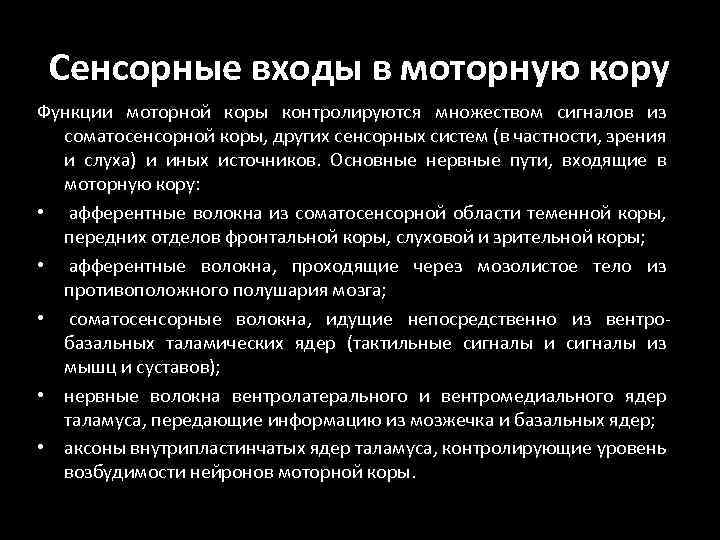 Сенсорные входы в моторную кору Функции моторной коры контролируются множеством сигналов из соматосенсорной коры,