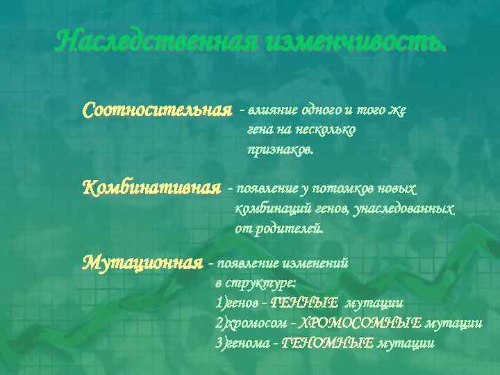 Наследственная изменчивость. Соотносительная Комбинативная - влияние одного и того же гена на несколько признаков.