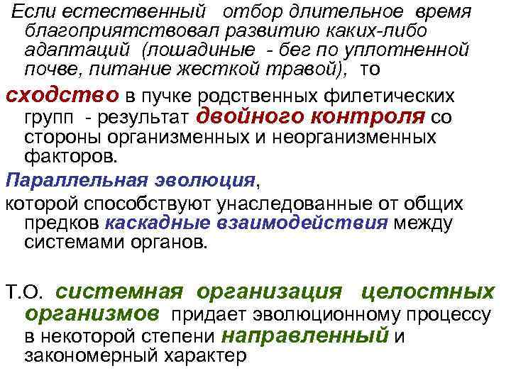  Если естественный отбор длительное время благоприятствовал развитию каких-либо адаптаций (лошадиные - бег по