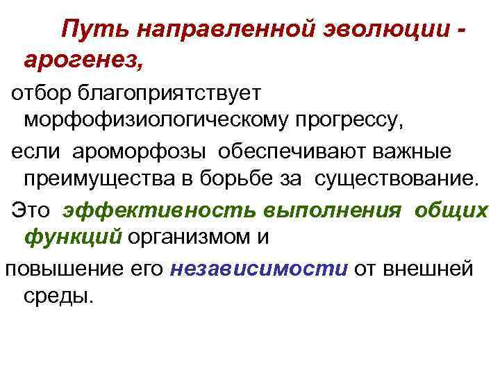  Путь направленной эволюции - арогенез, отбор благоприятствует морфофизиологическому прогрессу, если ароморфозы обеспечивают важные