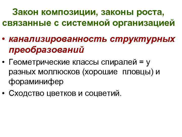 Закон композиции, законы роста, связанные с системной организацией • канализированность структурных преобразований • Геометрические