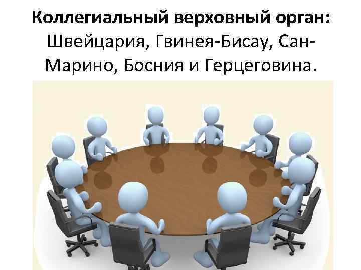 Коллегиальный верховный орган: Швейцария, Гвинея-Бисау, Сан. Марино, Босния и Герцеговина. 