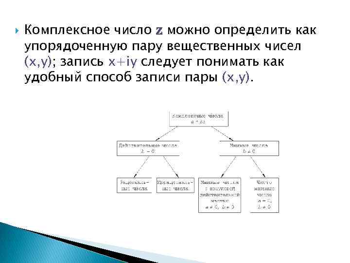  Комплексное число z можно определить как упорядоченную пару вещественных чисел (x, y); запись