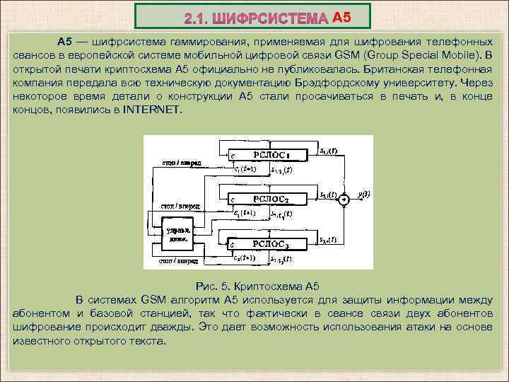 А 5 — шифрсистема гаммирования, применяемая для шифрования телефонных сеансов в европейской системе мобильной